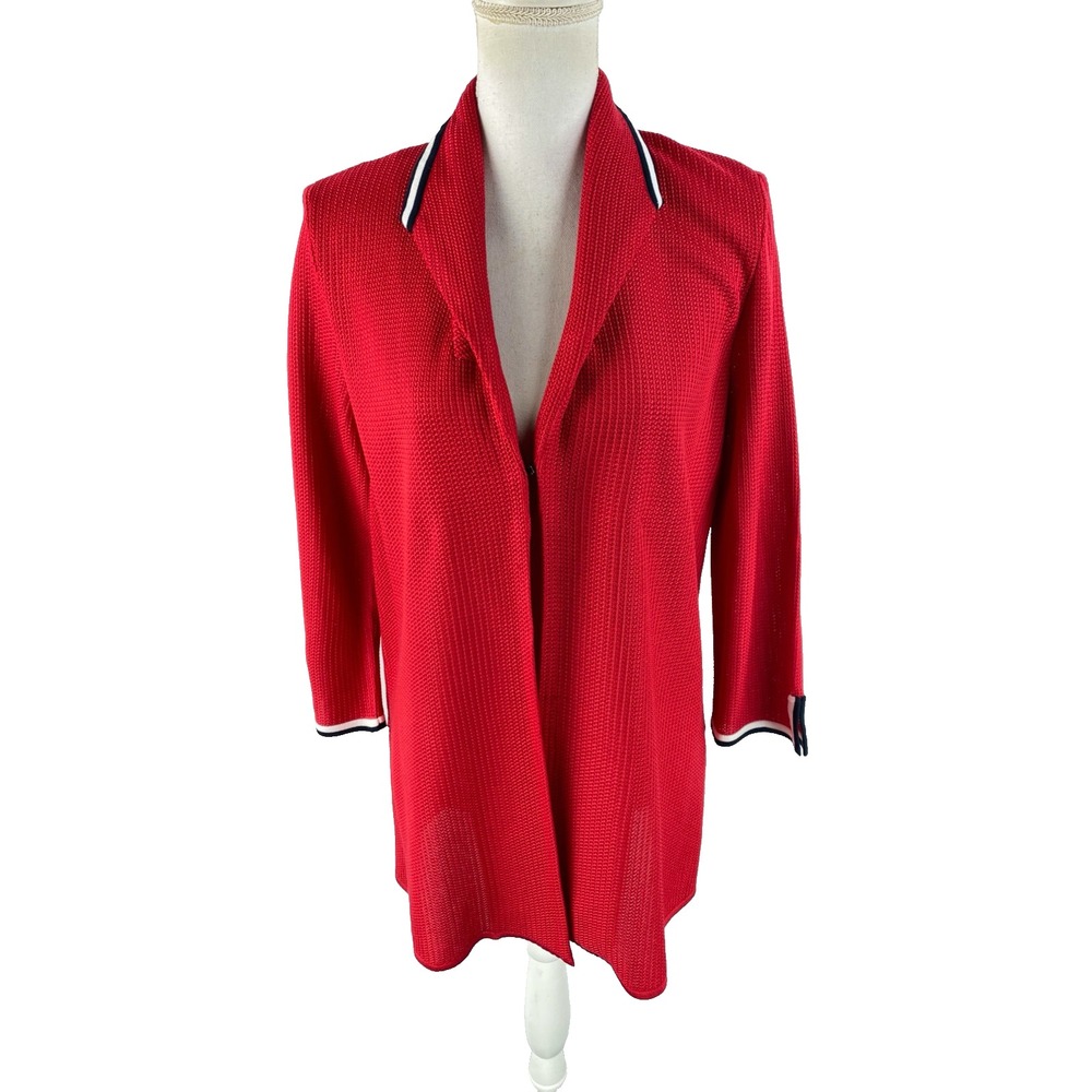 Ming Wang Womens M (msrd) Red One Latch 3/4 Sleeve Cardigan Jacket Knit Contrast
